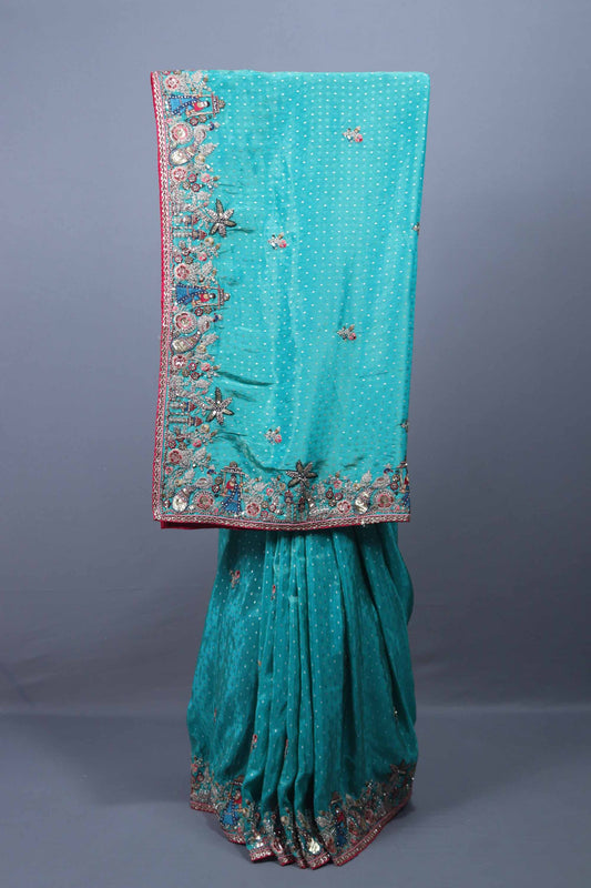 Teal Blue Embroidered Silk Saree Heavy Border Sequin Designer Pallu