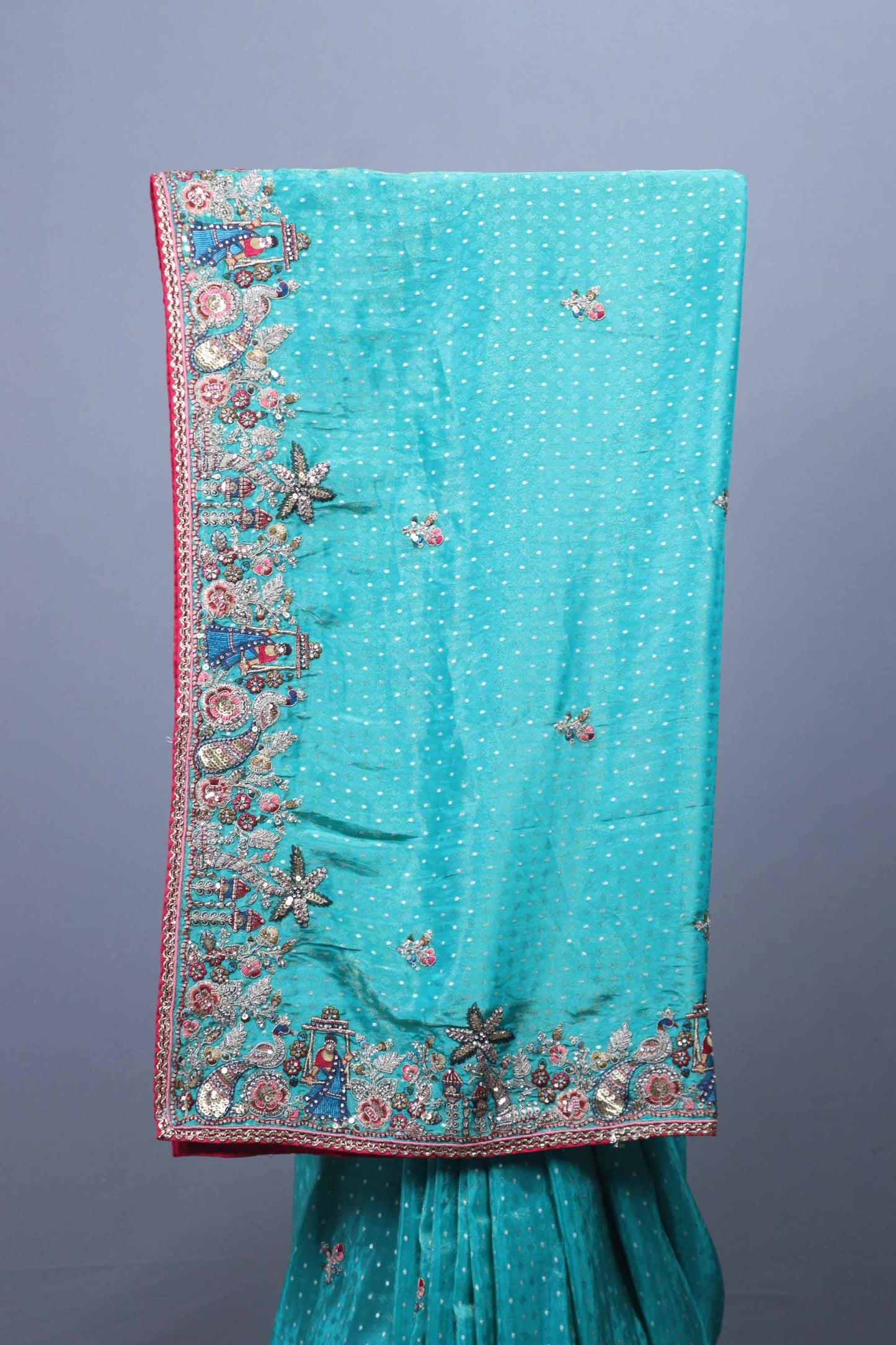 Teal Blue Embroidered Silk Saree Heavy Border Sequin Designer Pallu