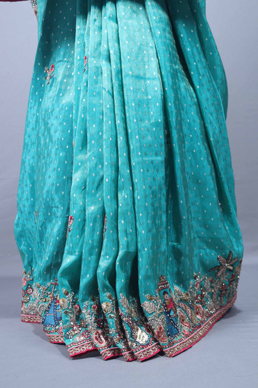 Teal Blue Embroidered Silk Saree Heavy Border Sequin Designer Pallu