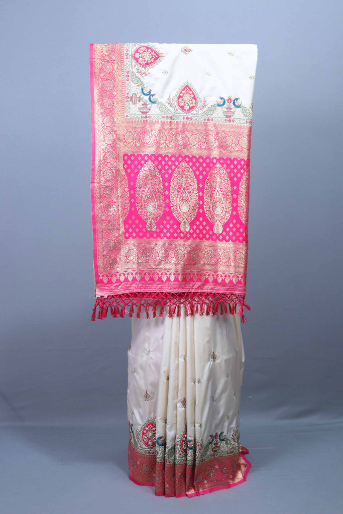 Cream Silk Saree with Pink Zari Woven Pallu, Peacock Motif Border 
