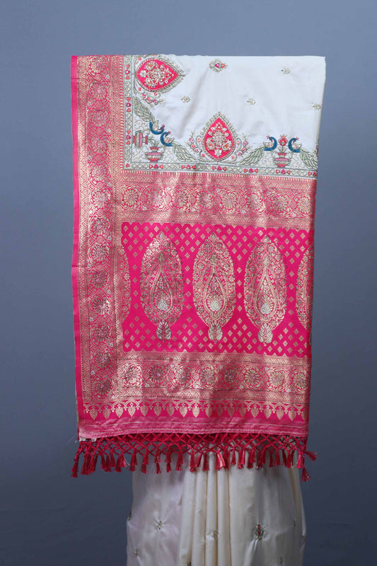 Cream Silk Saree with Pink Zari Woven Pallu, Peacock Motif Border