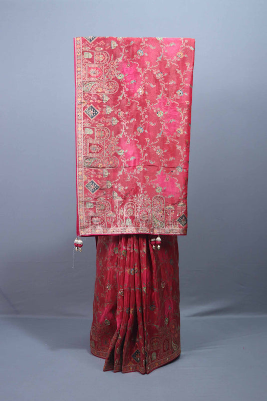 Pink Banarasi Silk Saree with Floral Zari Weaving Traditional Wear