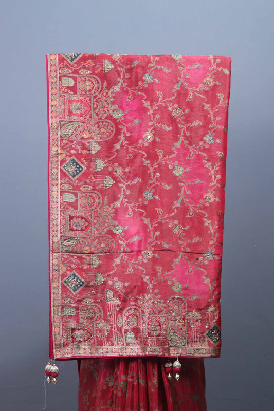 Pink Banarasi Silk Saree with Floral Zari Weaving Traditional Wear