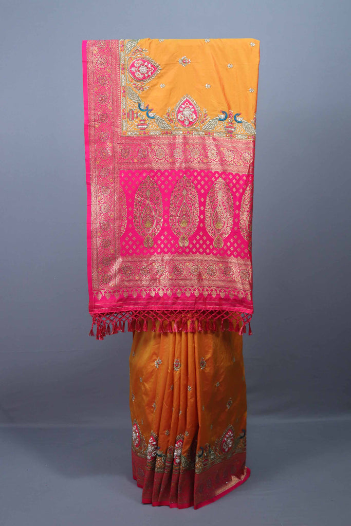 Orange Pink Banarasi Silk Saree Peacock Motif Zari Weaving Heavy Border 