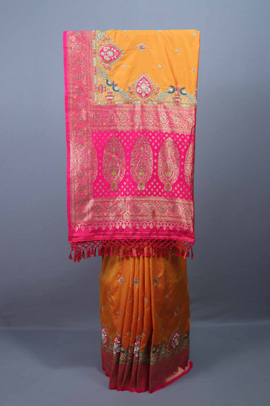 Orange Pink Banarasi Silk Saree Peacock Motif Zari Weaving Heavy Border 