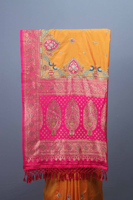 Orange Pink Banarasi Silk Saree Peacock Motif Zari Weaving Heavy Border