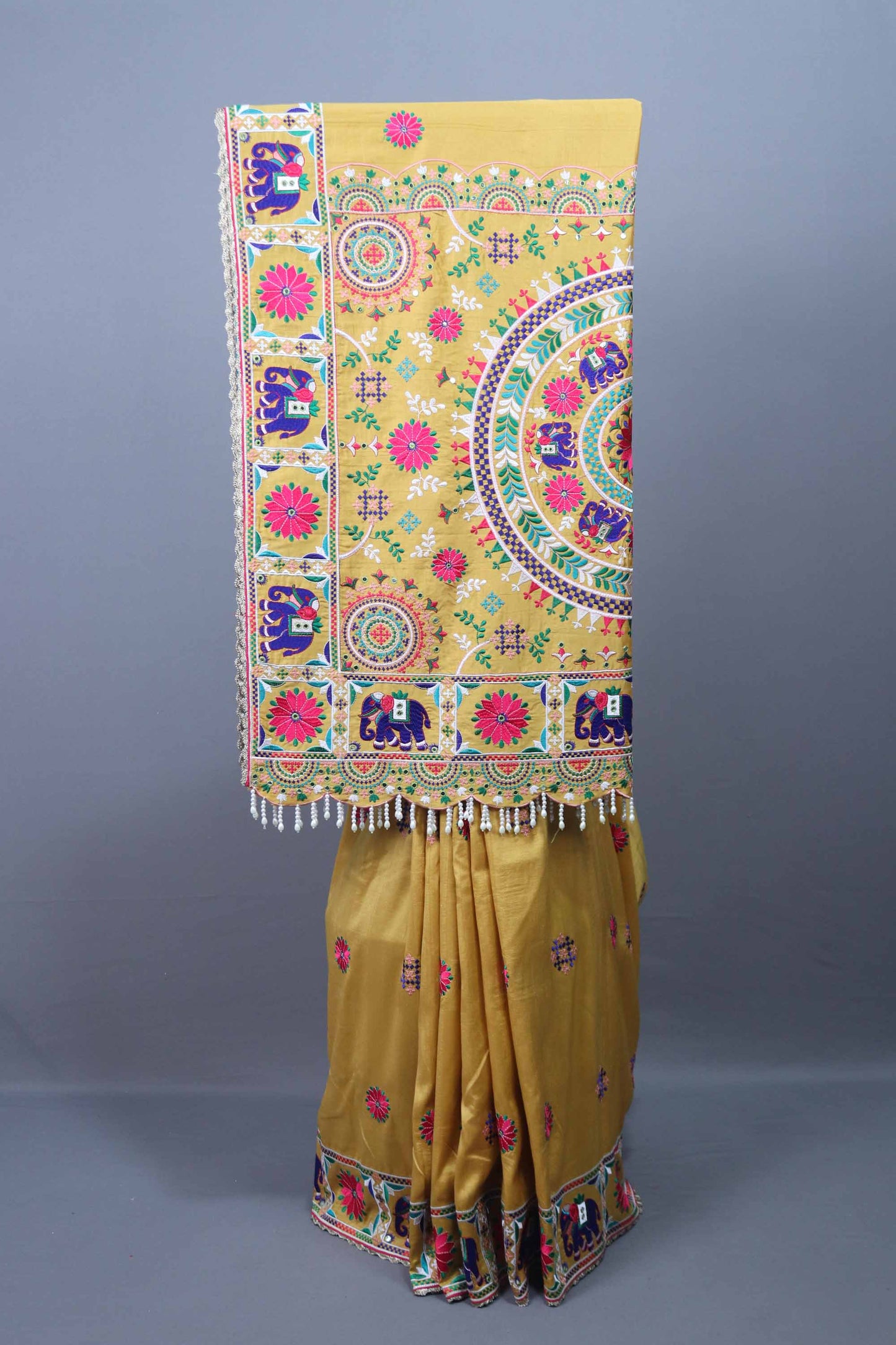 Mustard Yellow Silk Saree Multicolor Motif Embroidery Tasselled Pallu 