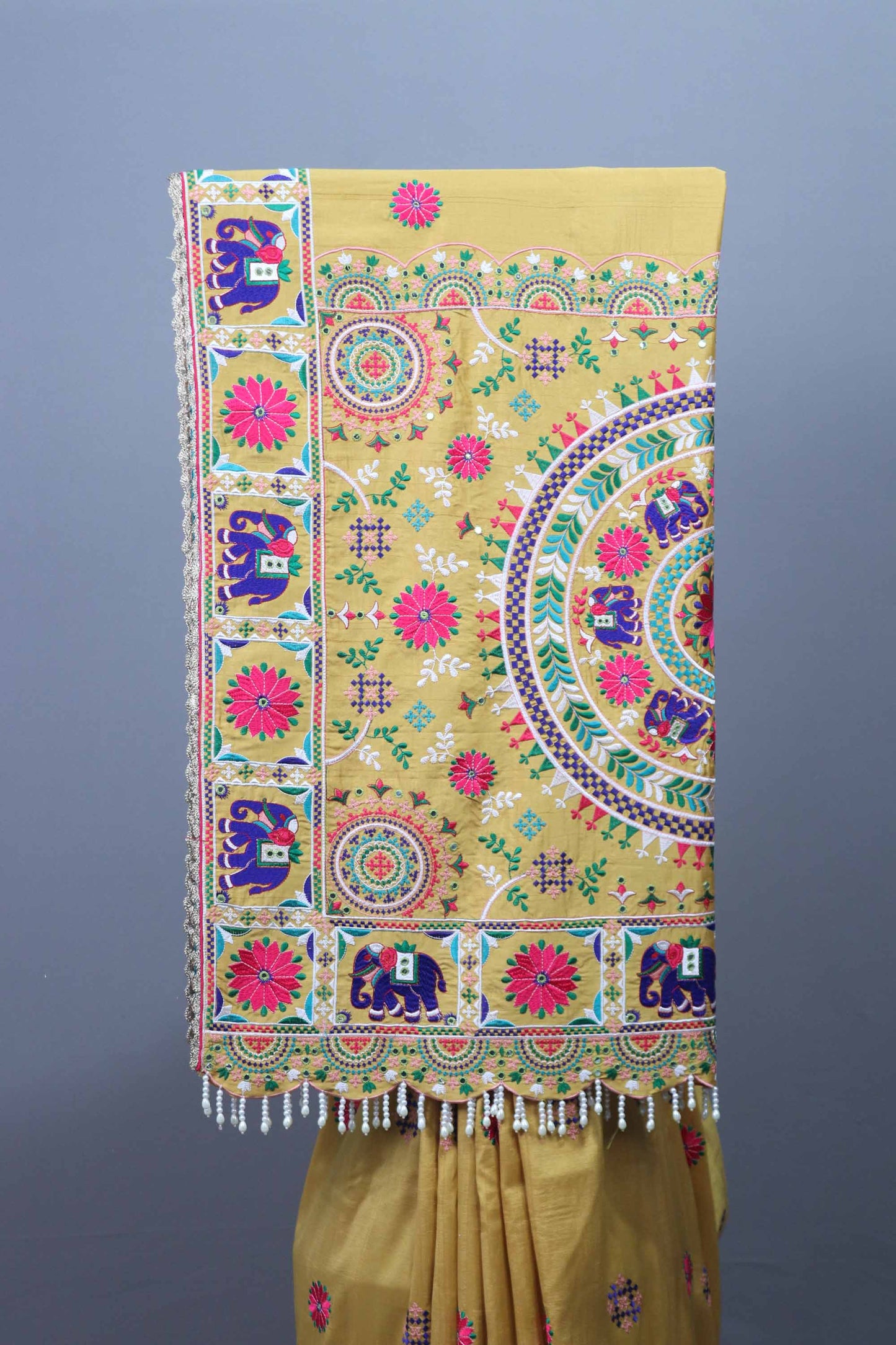 Mustard Yellow Silk Saree Multicolor Motif Embroidery Tasselled Pallu