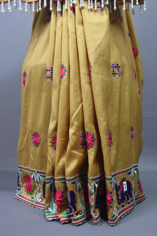 Mustard Yellow Silk Saree Multicolor Motif Embroidery Tasselled Pallu