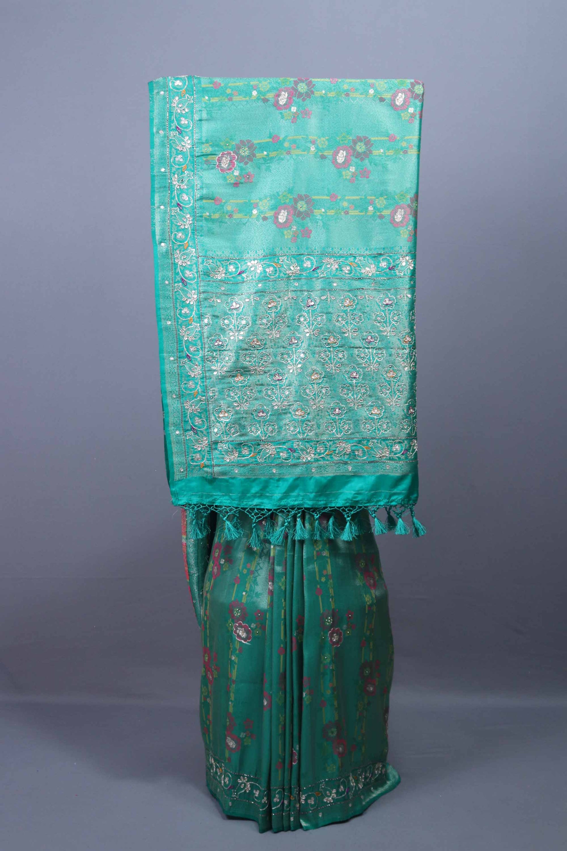 Teal Green Silk Saree Floral Embroidery Woven Border Tasselled Pallu 