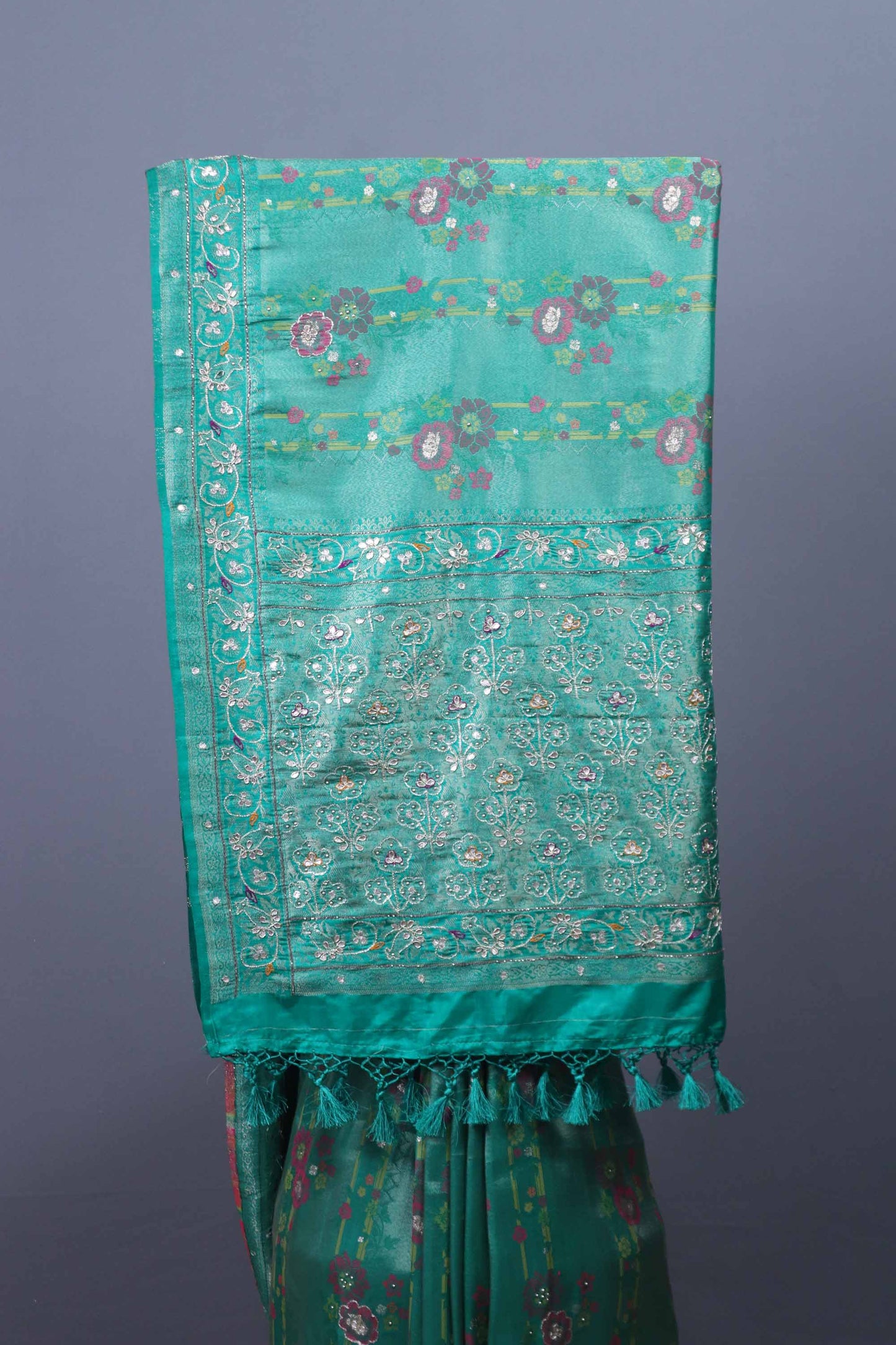 Teal Green Silk Saree Floral Embroidery Woven Border Tasselled Pallu