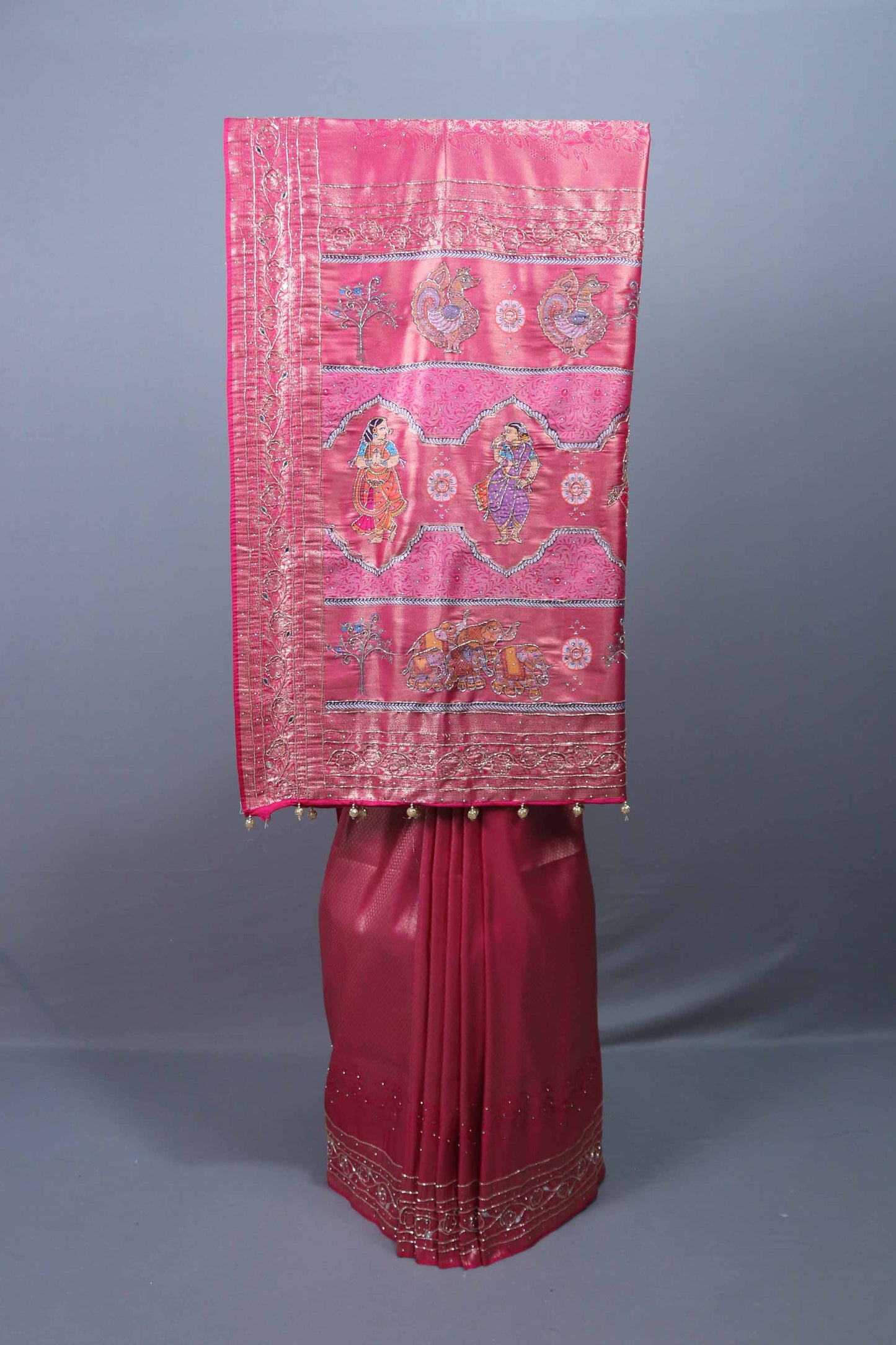 Rani Pink Silk Saree Hand-Painted Figures Peacock Motifs Tasselled Pallu