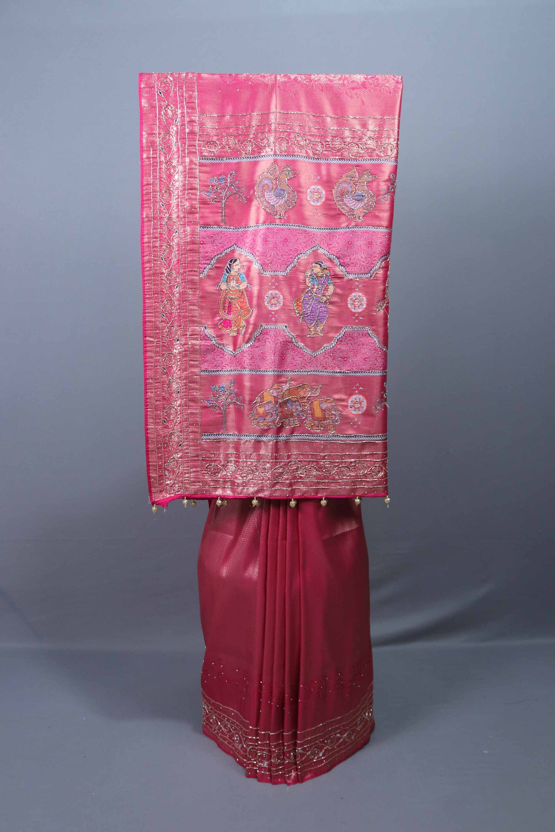 Rani Pink Silk Saree Hand-Painted Figures Peacock Motifs Tasselled Pallu