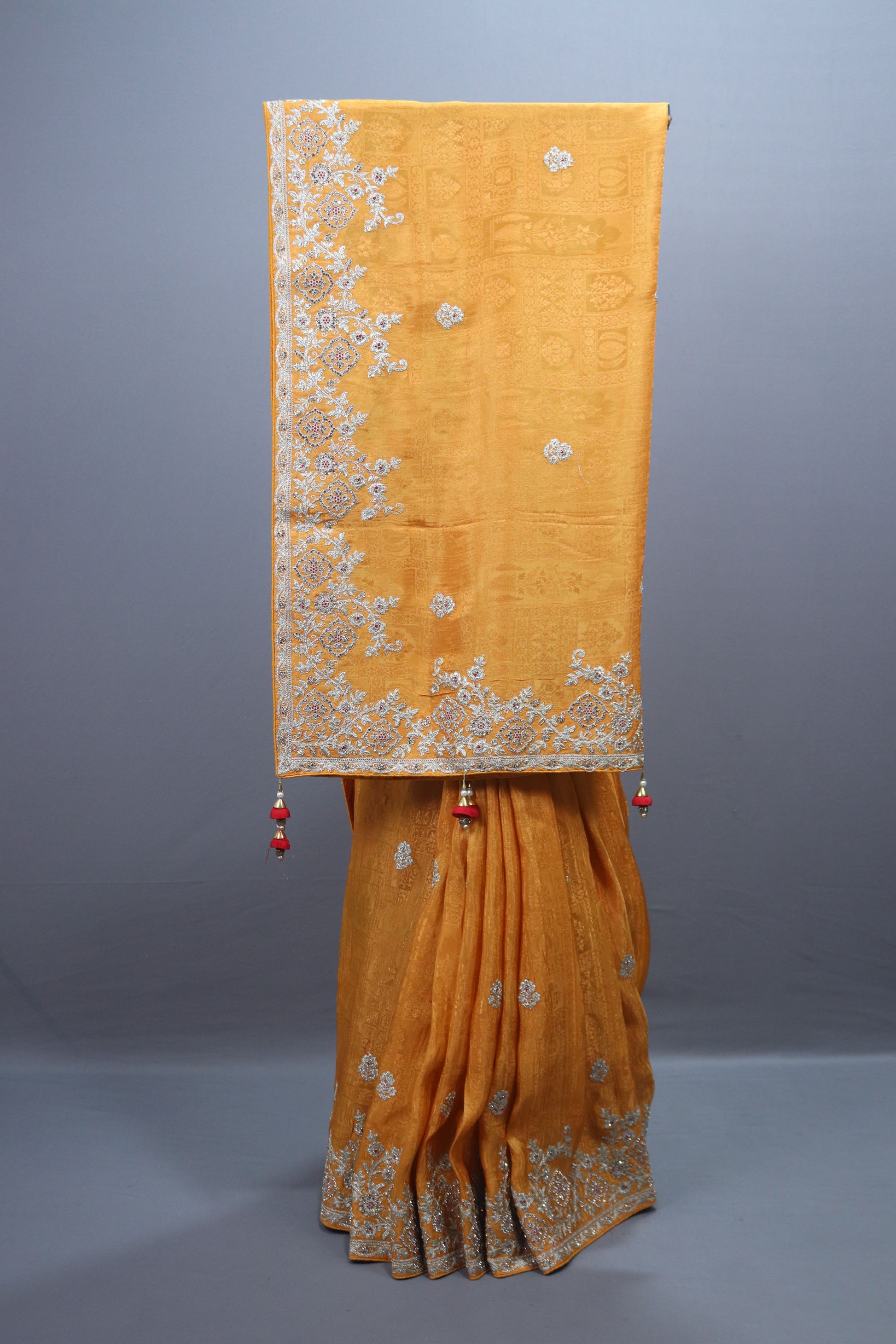 Mustard Yellow Embroidered Silk Saree with Silver Zari Border Tassel Pallu