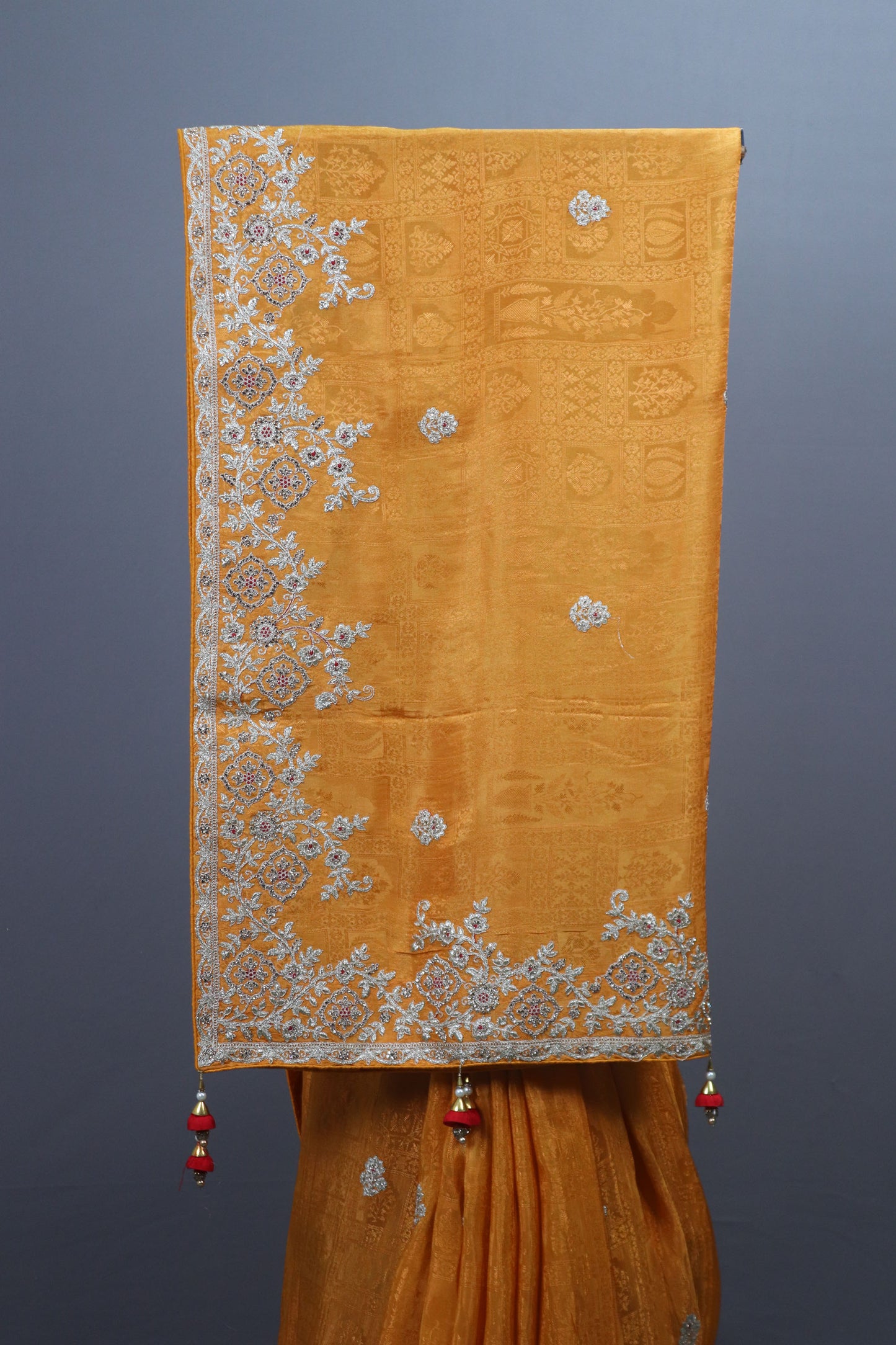 Mustard Yellow Embroidered Silk Saree with Silver Zari Border Tassel Pallu