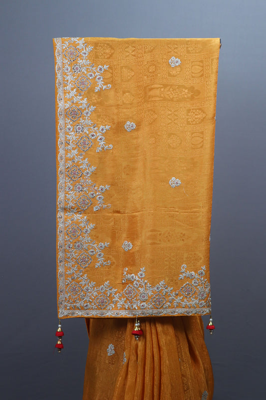 Mustard Yellow Embroidered Silk Saree with Silver Zari Border Tassel Pallu