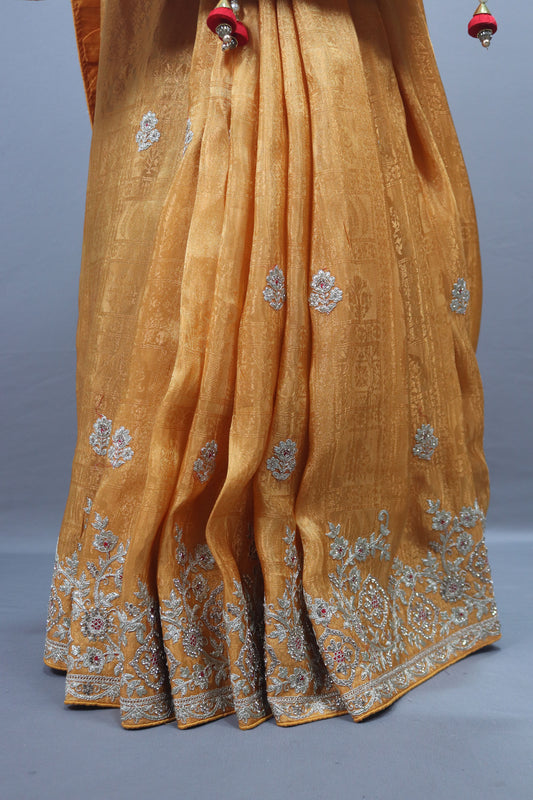 Mustard Yellow Embroidered Silk Saree with Silver Zari Border Tassel Pallu