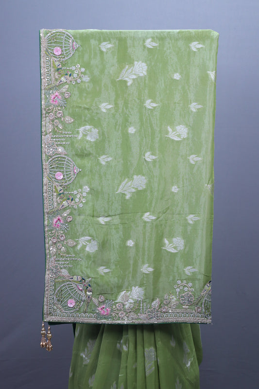 Pista Green Embroidered Silk Saree with Silver Zari Border