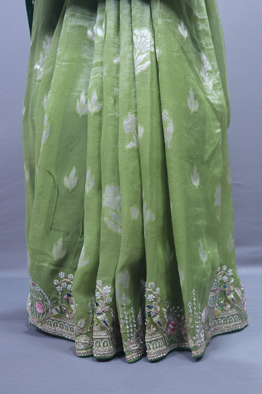 Pista Green Embroidered Silk Saree with Silver Zari Border