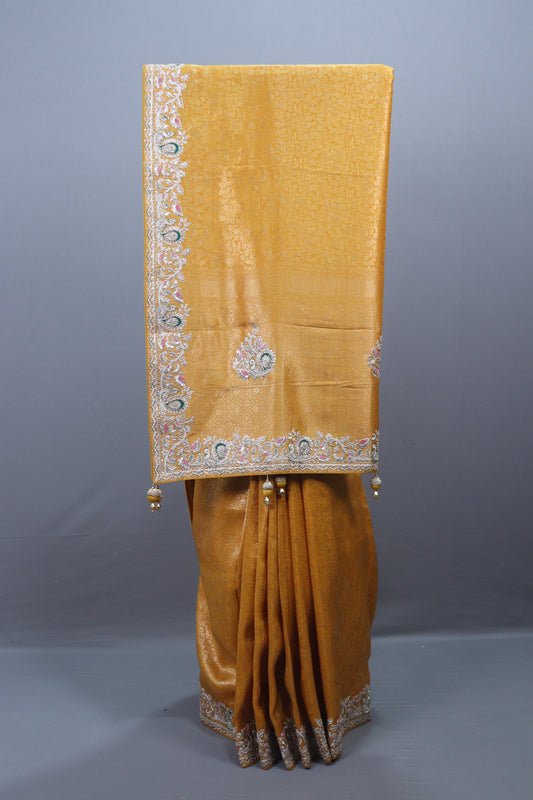 Mustard Gold Embroidered Silk Saree with Silver Tassels Designer Pallu 