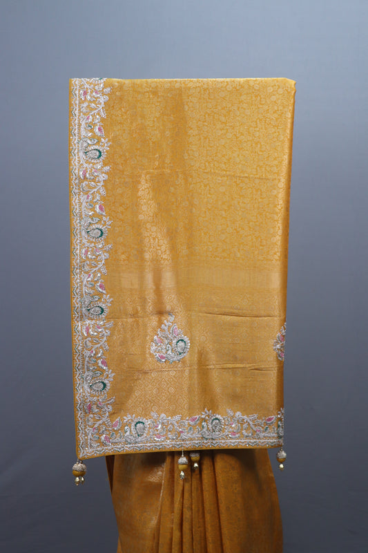 Mustard Gold Embroidered Silk Saree with Silver Tassels Designer Pallu
