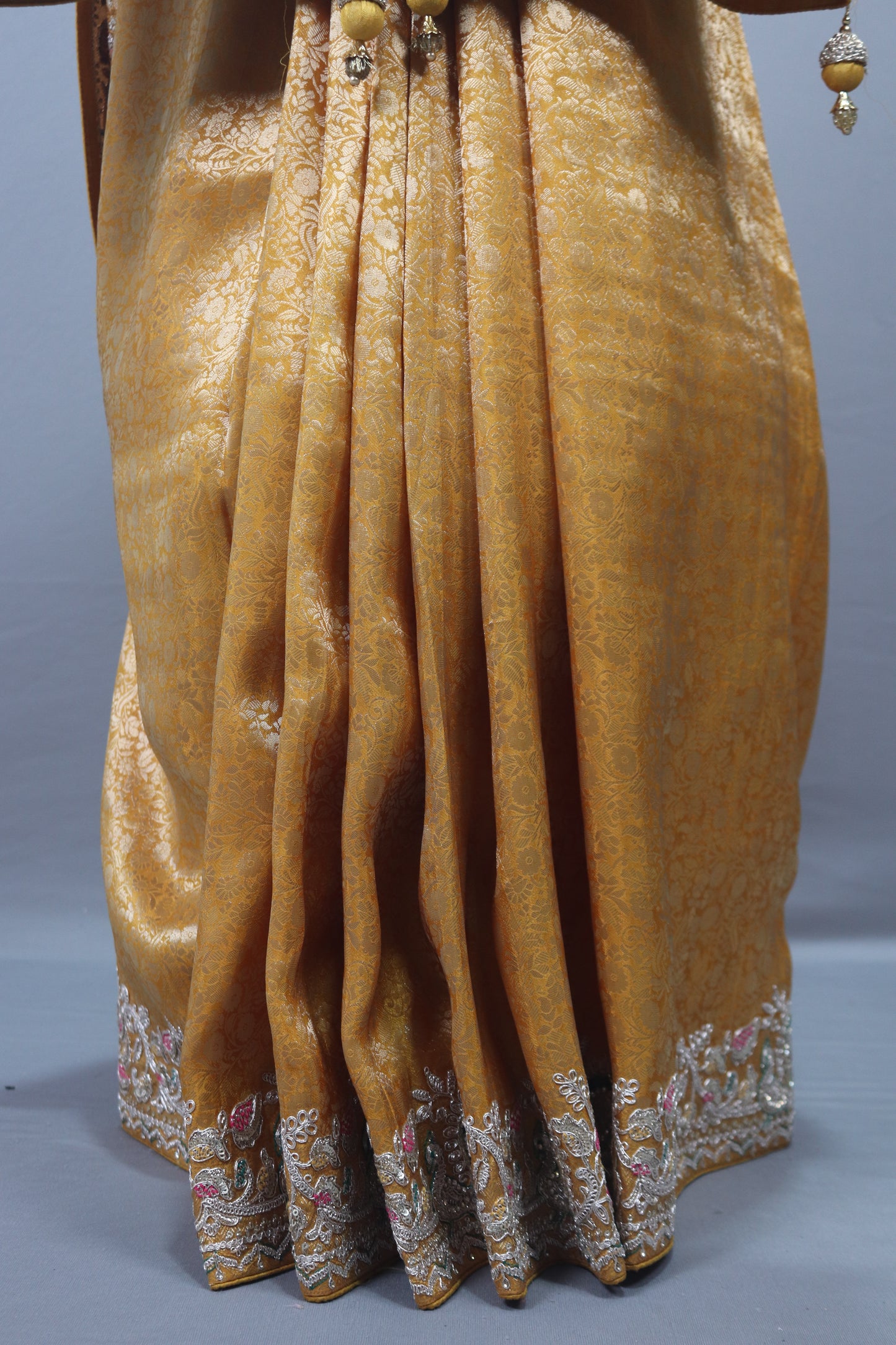 Mustard Gold Embroidered Silk Saree with Silver Tassels Designer Pallu