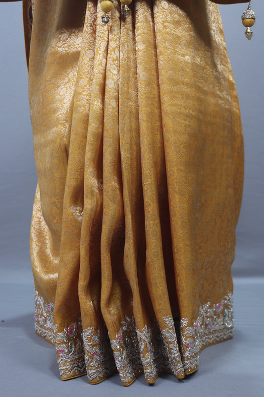 Mustard Gold Embroidered Silk Saree with Silver Tassels Designer Pallu