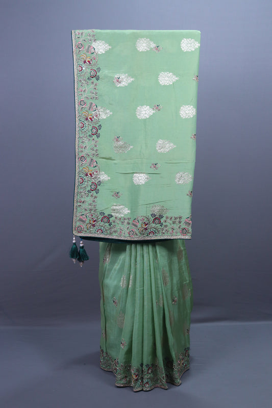 Mint Green Embroidered Silk Saree Silver Zari Buti Multicolor Floral Border