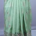 Mint Green Embroidered Silk Saree Silver Zari Buti Multicolor Floral Border