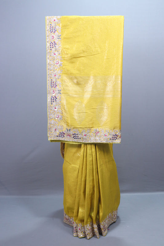 Yellow Embroidered Silk Saree with Silver Zari Border Multicolor Floral Work