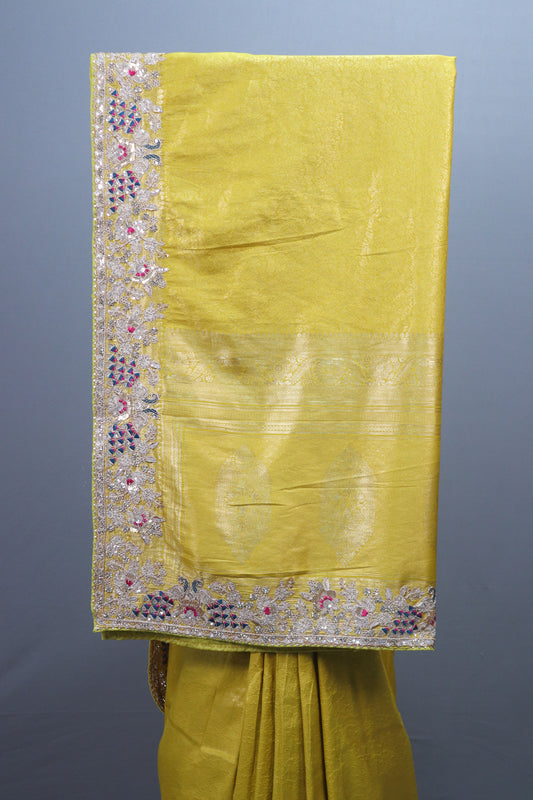 Yellow Embroidered Silk Saree with Silver Zari Border Multicolor Floral Work