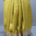 Yellow Embroidered Silk Saree with Silver Zari Border Multicolor Floral Work