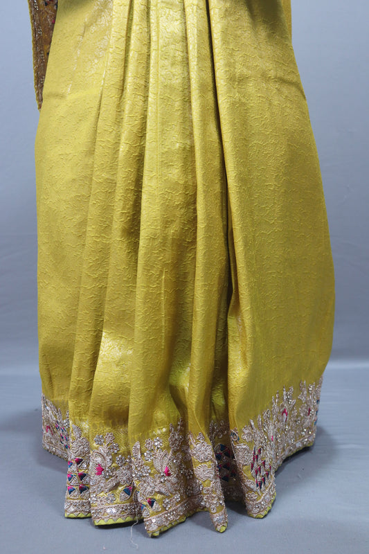 Yellow Embroidered Silk Saree with Silver Zari Border Multicolor Floral Work