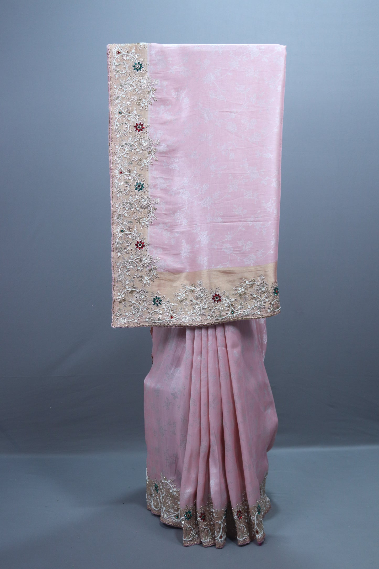 Pink Embroidered Silk Saree Zari Border Stone Work Floral Design