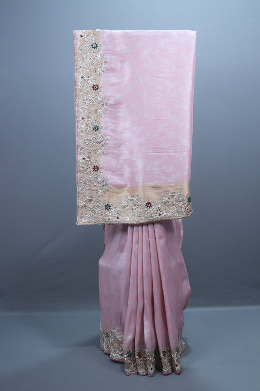 Pink Embroidered Silk Saree Zari Border Stone Work Floral Design
