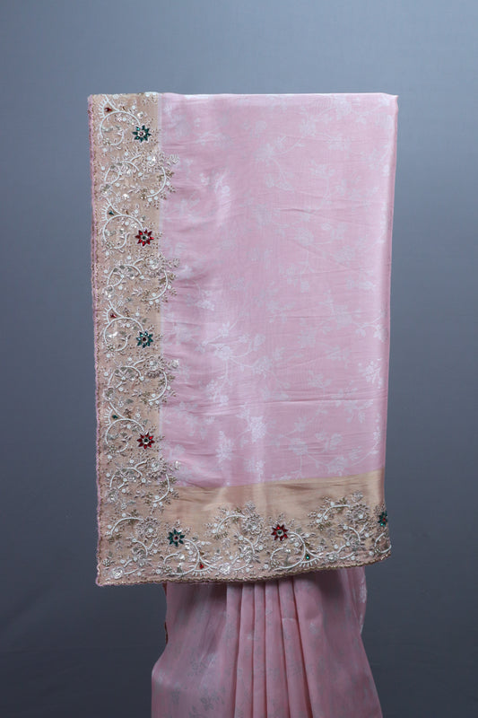 Pink Embroidered Silk Saree Zari Border Stone Work Floral Design