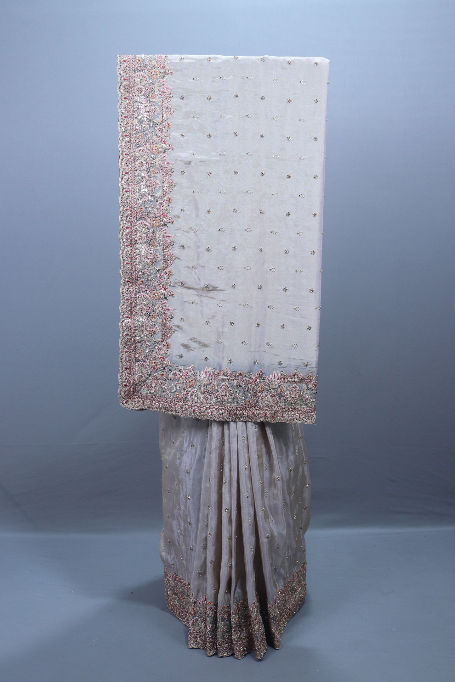Ivory Embroidered Silk Saree with Heavy Zari Border Delicate Buti Work