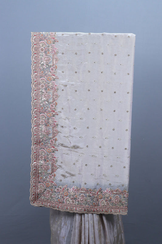 Ivory Embroidered Silk Saree with Heavy Zari Border Delicate Buti Work
