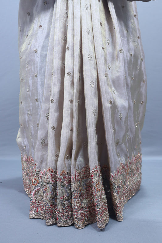 Ivory Embroidered Silk Saree with Heavy Zari Border Delicate Buti Work