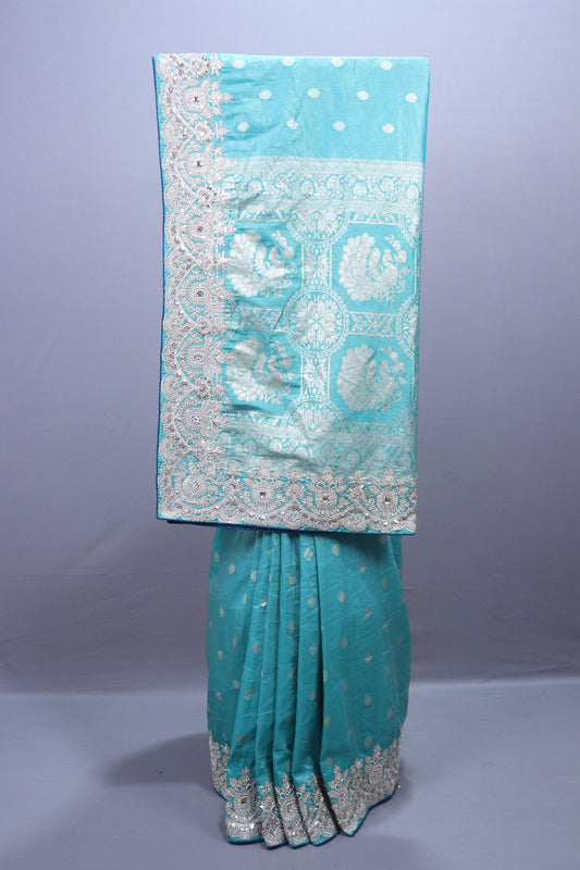 Turquoise Blue Embroidered Silk Saree Heavy Silver Zari Peacock Motif Pallu