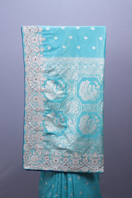 Turquoise Blue Embroidered Silk Saree Heavy Silver Zari Peacock Motif Pallu
