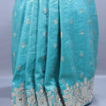 Turquoise Blue Embroidered Silk Saree Heavy Silver Zari Peacock Motif Pallu
