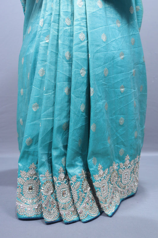 Turquoise Blue Embroidered Silk Saree Heavy Silver Zari Peacock Motif Pallu