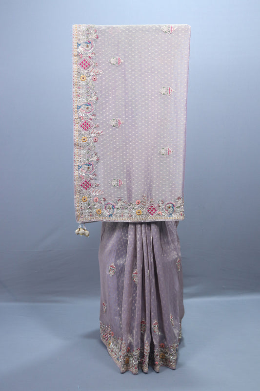 Lavender Embroidered Silk Saree Multicolor Floral Border  Zari Buti Work