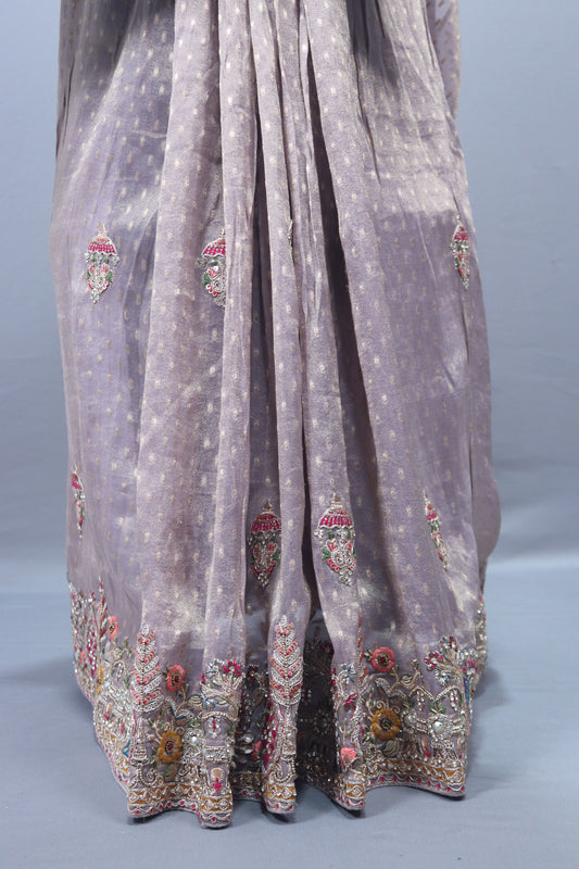 Lavender Embroidered Silk Saree Multicolor Floral Border  Zari Buti Work