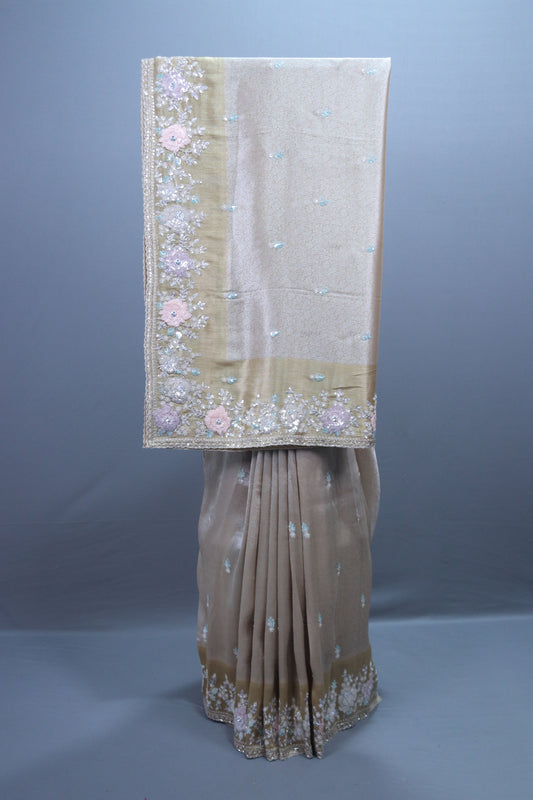 Beige Embroidered Silk Saree Pastel Floral Border Delicate Zari Buti Work