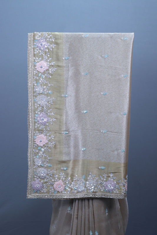 Beige Embroidered Silk Saree Pastel Floral Border Delicate Zari Buti Work