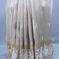 Beige Embroidered Silk Saree Pastel Floral Border Delicate Zari Buti Work
