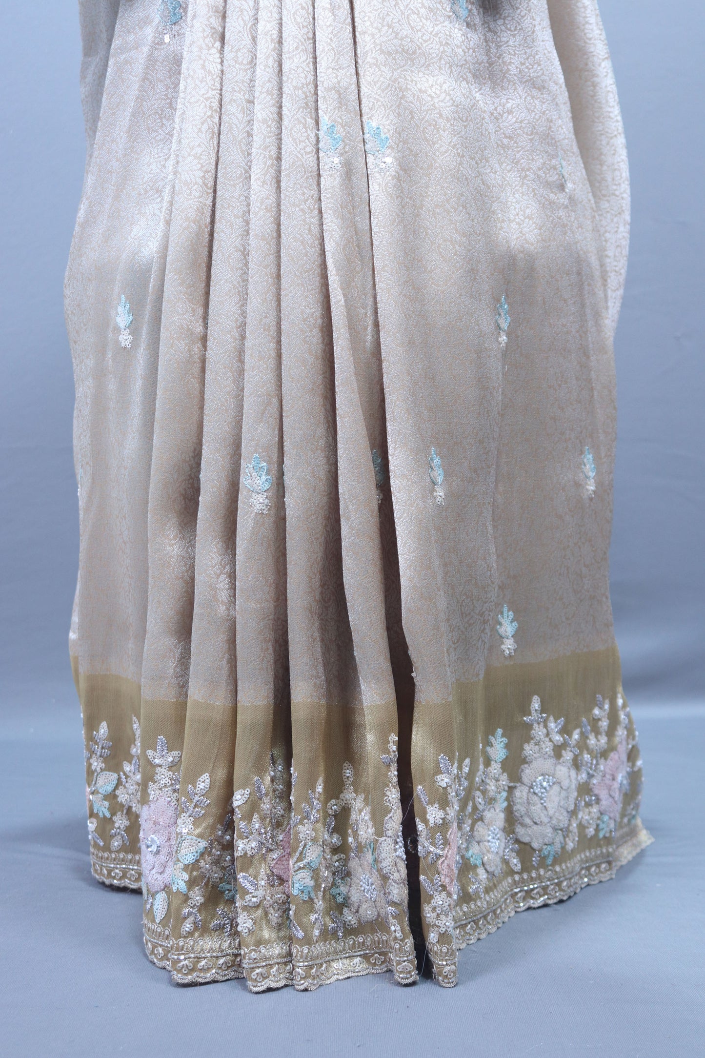 Beige Embroidered Silk Saree Pastel Floral Border Delicate Zari Buti Work
