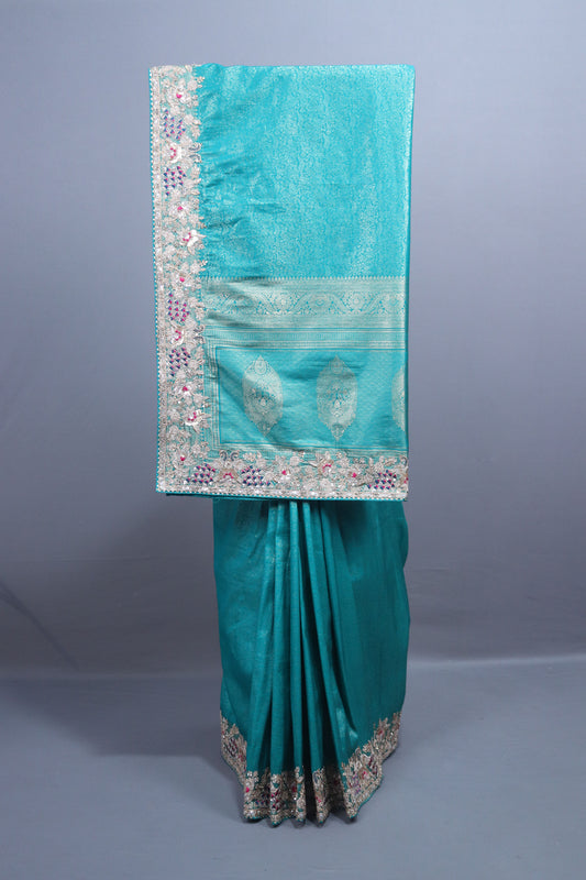  Teal Blue Banarasi Silk Saree with Heavy Zari Embroidery Border 